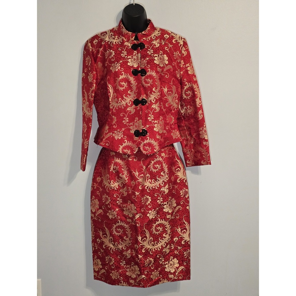 Chinese Traditional Red Gold Brocade Qipao‎ Suit Mandarin Collar Jacket & Skirt
